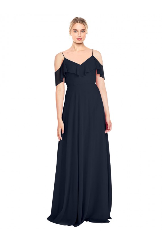 Sleeveless Dark Navy V-Back A-Line Off the Shoulder Bridesmaid Dress Maidstone