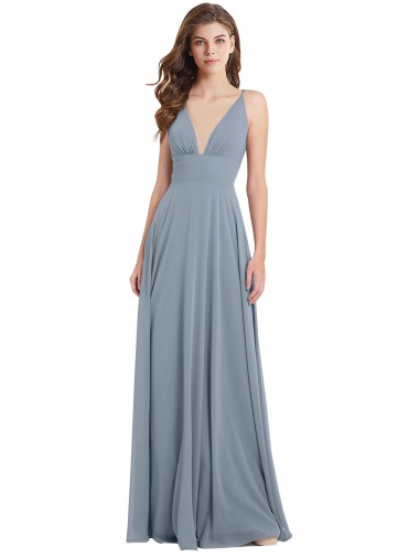 Sleeveless Dusty Blue V-Back A-Line V-Neck Bridesmaid Dress / Evening Gowns Maidstone