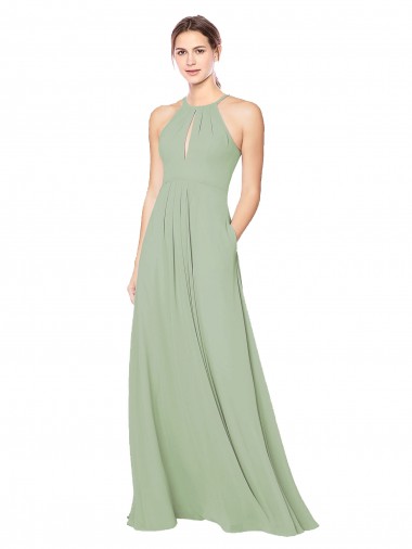 Sleeveless Smoke Green Keyhole Back A-Line Halter Neck Bridesmaid Dress Maidstone