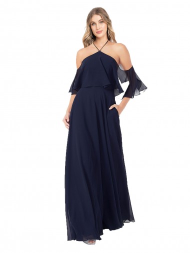 Flutter Sleeves Dark Navy A-Line Halter Neck Formal Dress / Bridesmaid Dress Maidstone