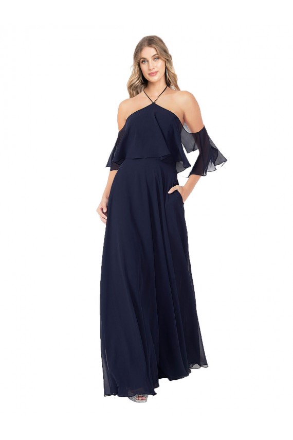 Flutter Sleeves Dark Navy A-Line Halter Neck Formal Dress / Bridesmaid Dress Maidstone