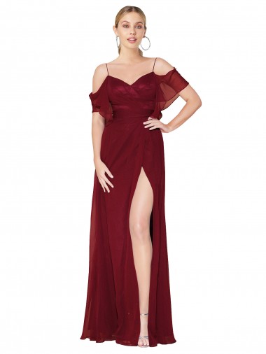 Cold Shoulder Burgundy V-Back Trumpet Off the Shoulder Formal Evening Gown / Prom Dress / Bridesmaid Dress Maidstone