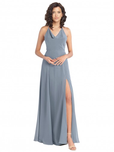 Sleeveless Dusty Blue V-Back A-Line Halter Neck Bridesmaid Dress Maidstone