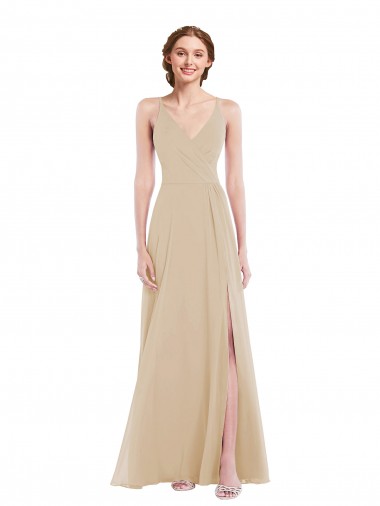 Sleeveless Champagne Criss Cross Back A-Line V-Neck Semi Formal Evening Dress / Bridesmaid Dress Maidstone