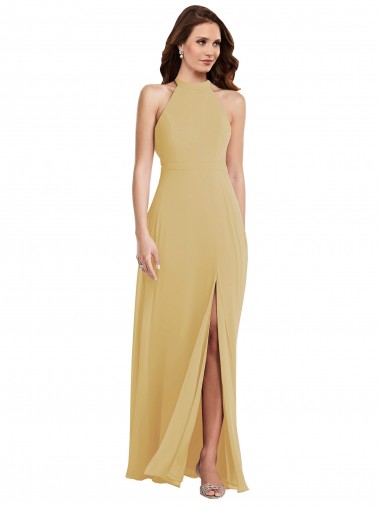 Sleeveless Gold Criss Cross Open Back A-Line Halter Neck Semi Formal Evening Dress / Bridesmaid Dress Maidstone