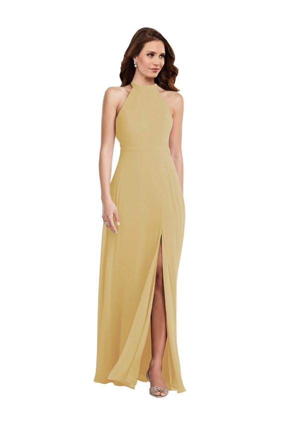 Sleeveless Gold Criss Cross Open Back A-Line Halter Neck Semi Formal Evening Dress / Bridesmaid Dress Maidstone