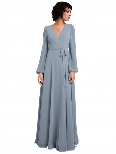 Long Sleeves Dusty Blue A-Line V-Neck Bridesmaid Dress / Formal Dress Maidstone