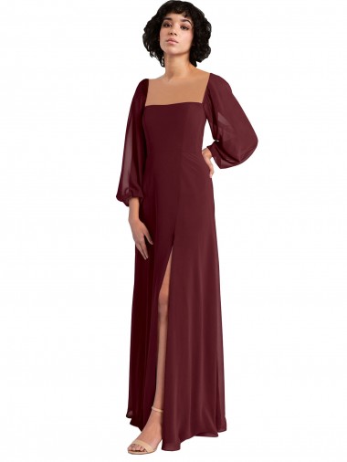 Long Sleeves Burgundy Gold A-Line Square Neck Bridesmaid Dress / Evening Dress Maidstone