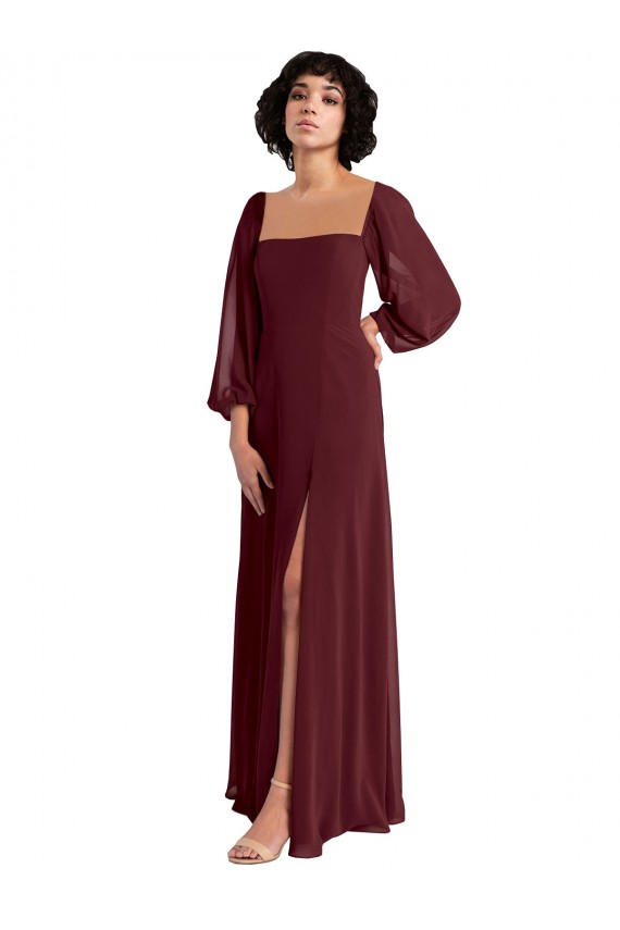 Long Sleeves Burgundy Gold A-Line Square Neck Bridesmaid Dress / Evening Dress Maidstone