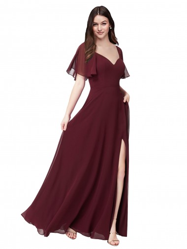 Short Flutter Sleeves Burgundy Gold Keyhole Back A-Line Sweetheart Formal Dress / Bridesmaid Dress Maidstone