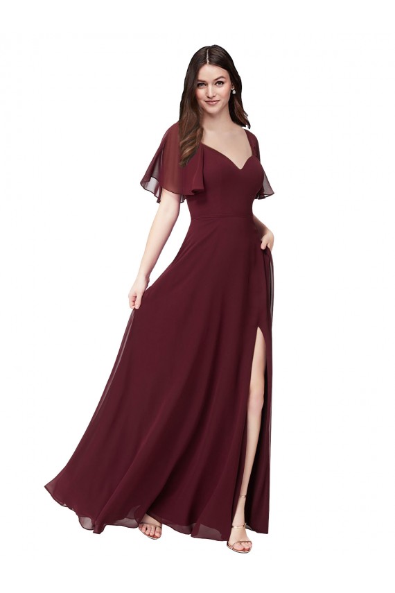 Short Flutter Sleeves Burgundy Gold Keyhole Back A-Line Sweetheart Formal Dress / Bridesmaid Dress Maidstone
