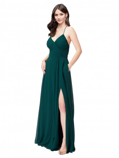 Sleeveless Hunter Green Criss Cross Back A-Line V-Neck Wedding Party Dress Maidstone