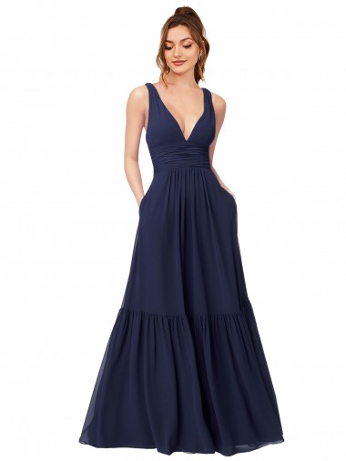 Sleeveless Dark Navy V-Back Chiffon V-Neck Formal Dress / Bridesmaid Dress Maidstone