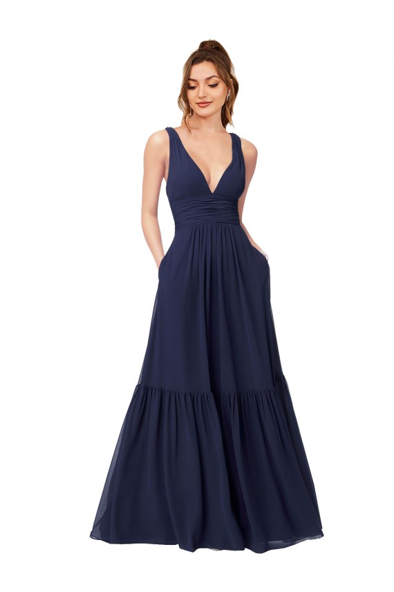Sleeveless Dark Navy V-Back Chiffon V-Neck Formal Dress / Bridesmaid Dress Maidstone