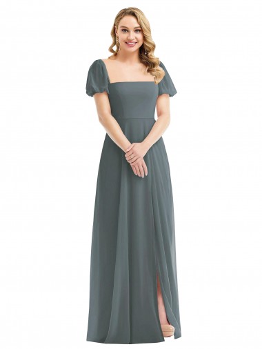 Puff Sleeves Slate Grey A-Line Square Neck Semi Formal Evening Dress / Bridesmaid Dress Maidstone