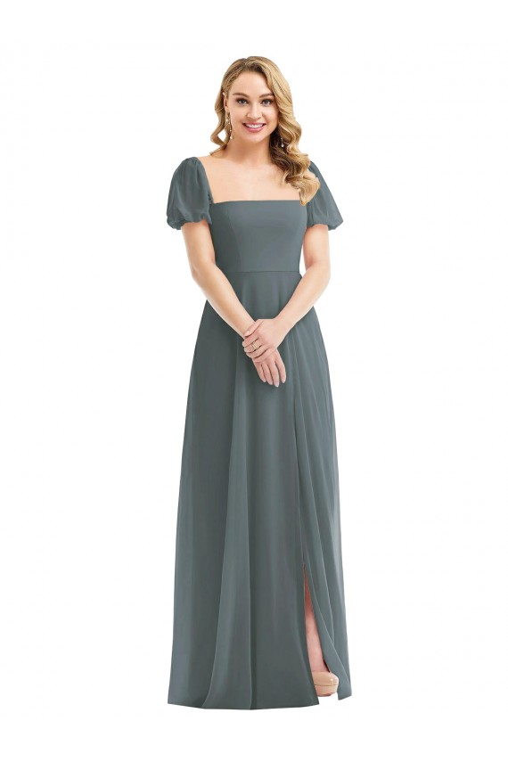 Puff Sleeves Slate Grey A-Line Square Neck Semi Formal Evening Dress / Bridesmaid Dress Maidstone