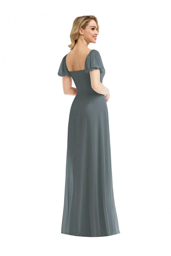 Puff Sleeves Slate Grey A-Line Square Neck Semi Formal Evening Dress / Bridesmaid Dress Maidstone