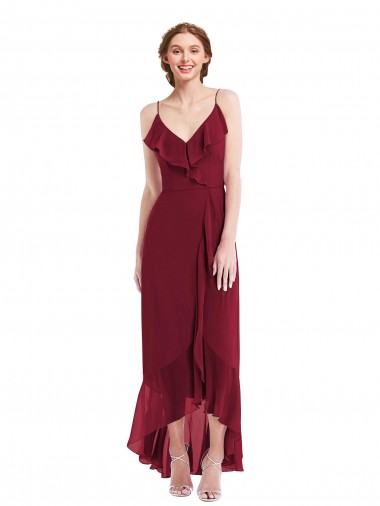 Sleeveless Burgundy Low Back A-Line Spaghetti Straps High Low Evening Gown / Bridesmaid Dress Maidstone