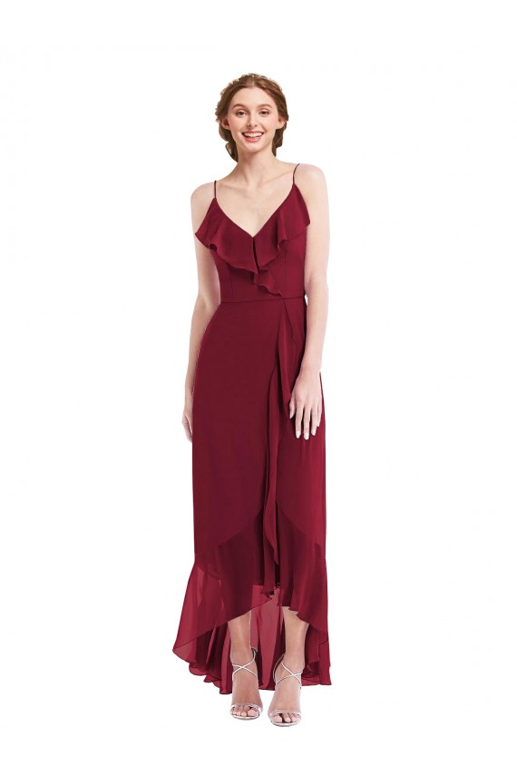Sleeveless Burgundy Low Back A-Line Spaghetti Straps High Low Evening Gown / Bridesmaid Dress Maidstone