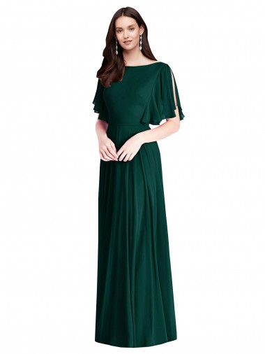 Bell Sleeves Ever Green V-Back A-Line Bateau Neck Semi Formal Evening Dress / Bridesmaid Dress Maidstone