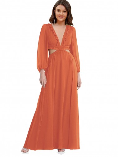 Long Sleeves Firecracker Open Back A-Line V-Neck High Low Evening Gown / Bridesmaid Dress Maidstone