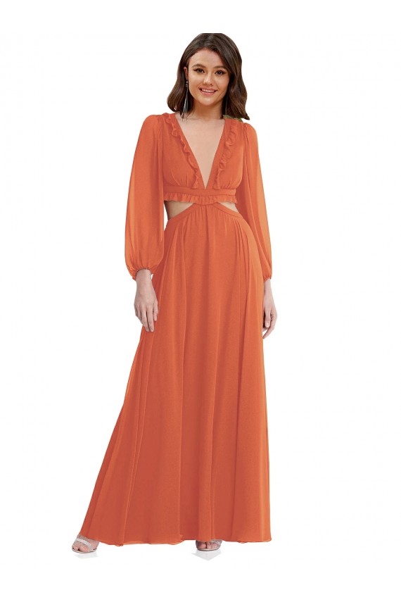 Long Sleeves Firecracker Open Back A-Line V-Neck High Low Evening Gown / Bridesmaid Dress Maidstone