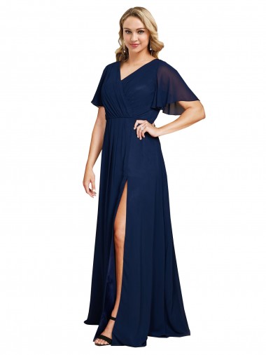 Short Flutter Sleeves Dark Navy A-Line V-Neck Formal Plus Size Evening Gown / Prom Dress / Bridesmaid Dress Maidstone