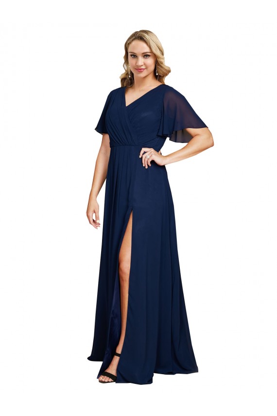 Short Flutter Sleeves Dark Navy A-Line V-Neck Formal Plus Size Evening Gown / Prom Dress / Bridesmaid Dress Maidstone
