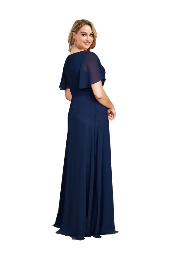 Short Flutter Sleeves Dark Navy A-Line V-Neck Formal Plus Size Evening Gown / Prom Dress / Bridesmaid Dress Maidstone