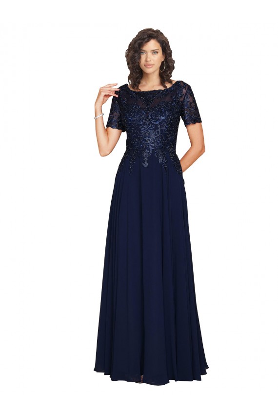Short Sleeves Dark Navy A-Line Round Neck Prom Dress / Bridesmaid Dress Maidstone