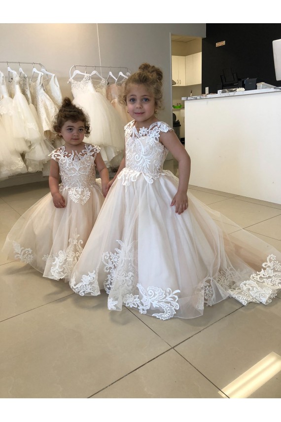 Sleeveless Ivory V-Back Ball Gown Bateau Neck Little Flower Girl Dress Maidstone