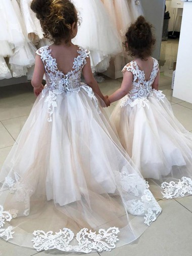 Sleeveless Ivory V-Back Ball Gown Bateau Neck Little Flower Girl Dress Maidstone