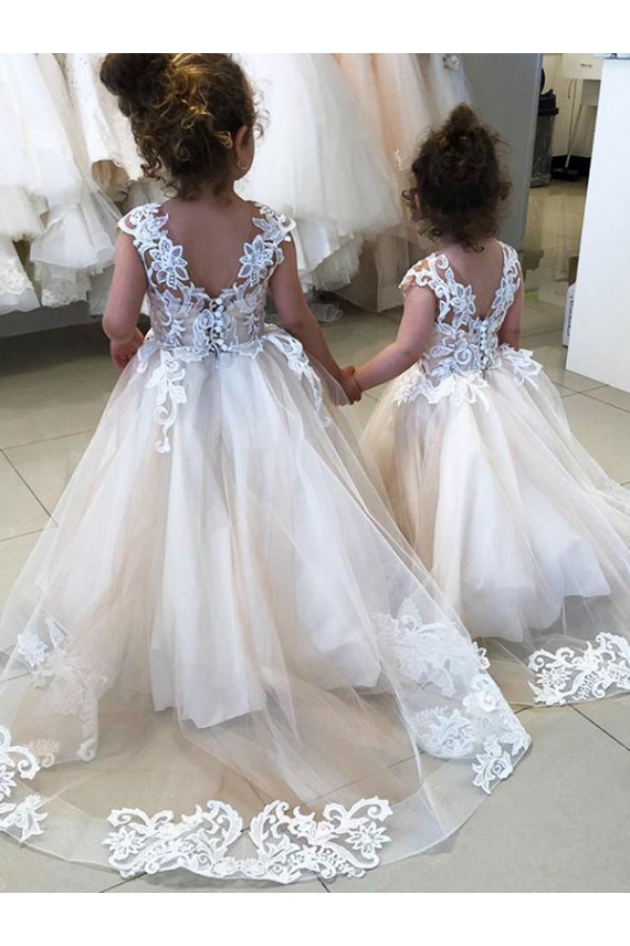 Sleeveless Ivory V-Back Ball Gown Bateau Neck Little Flower Girl Dress Maidstone