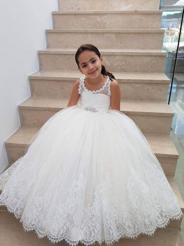 Sleeveless Ivory Keyhole Back Ball Gown High Neck Flower Girl Dress for Wedding Maidstone