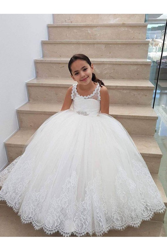 Sleeveless Ivory Keyhole Back Ball Gown High Neck Flower Girl Dress for Wedding Maidstone