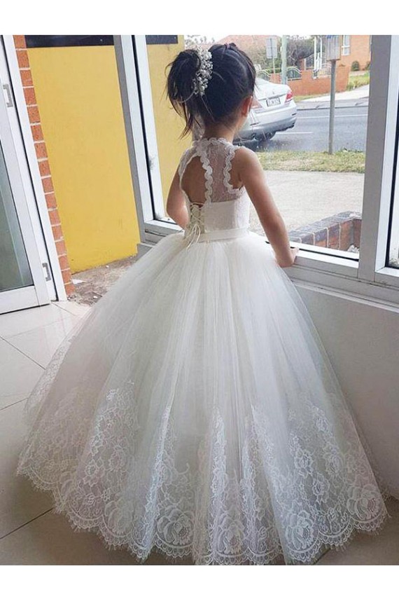 Sleeveless Ivory Keyhole Back Ball Gown High Neck Flower Girl Dress for Wedding Maidstone