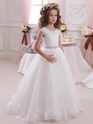 Cap Sleeves Ivory Keyhole Back Ball Gowns High Neck Flower Girl Dress Maidstone