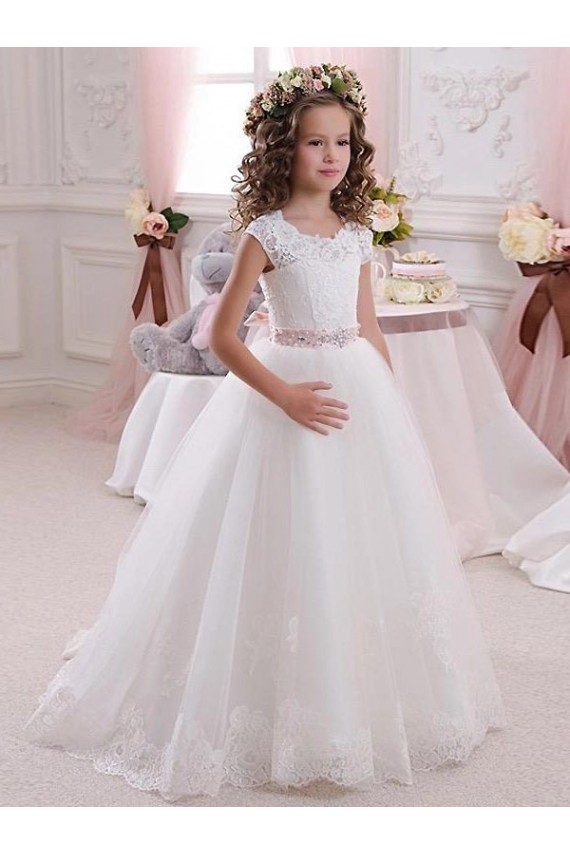Cap Sleeves Ivory Keyhole Back Ball Gowns High Neck Flower Girl Dress Maidstone