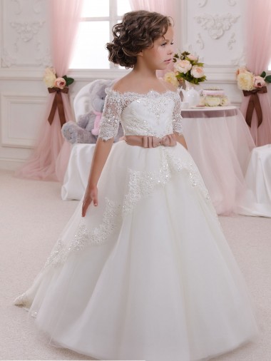 Short Sleeves Ivory Keyhole Back Ball Gown High Neck Flower Girl Dresses Maidstone