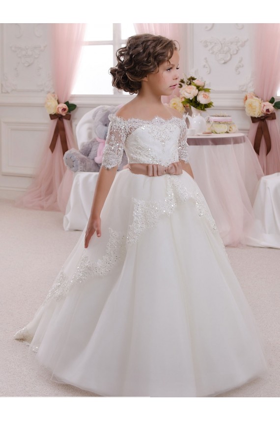 Short Sleeves Ivory Keyhole Back Ball Gown High Neck Flower Girl Dresses Maidstone