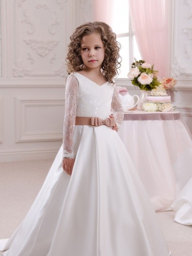 Long Sleeves Ivory Ball Gown V-Neck Flower Girl Dress Maidstone