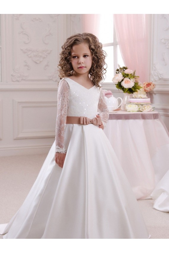 Long Sleeves Ivory Ball Gown V-Neck Flower Girl Dress Maidstone