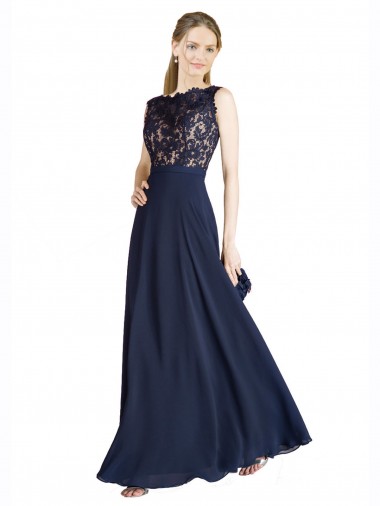 Sleeveless Dark Navy V-Back A-Line Illusion Neck Prom Dress / Bridesmaid Dress Maidstone