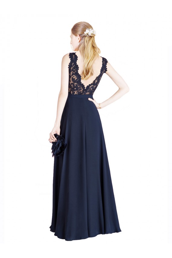 Sleeveless Dark Navy V-Back A-Line Illusion Neck Prom Dress / Bridesmaid Dress Maidstone