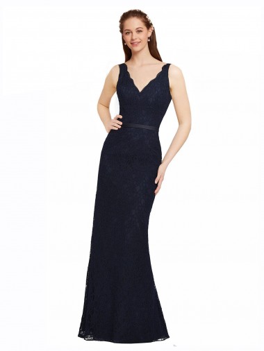 Sleeveless Dark Navy Open Back Sheath V-Neck Bridesmaid Dress Maidstone