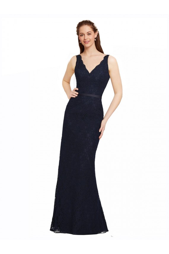 Sleeveless Dark Navy Open Back Sheath V-Neck Bridesmaid Dress Maidstone