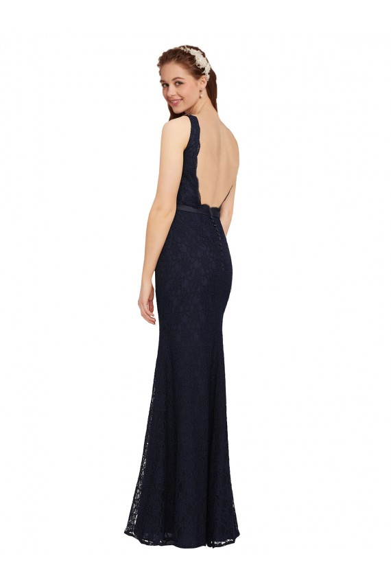 Sleeveless Dark Navy Open Back Sheath V-Neck Bridesmaid Dress Maidstone