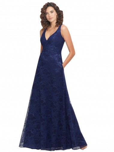 Sleeveless Dark Navy Low Back A-Line V-Neck Bridesmaid Dress Maidstone