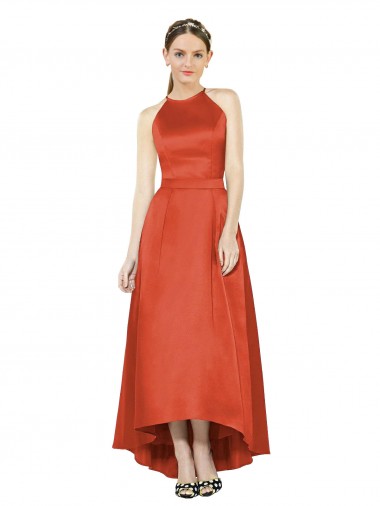 Sleeveless Spice Red A-Line Halter Neck High Low Bridesmaid Dress Maidstone