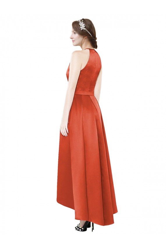 Sleeveless Spice Red A-Line Halter Neck High Low Bridesmaid Dress Maidstone